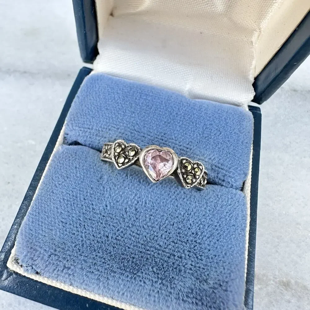 Amethyst Heart Ring Sterling Silver 925 Marcasite Sweetheart Vintage Size 8